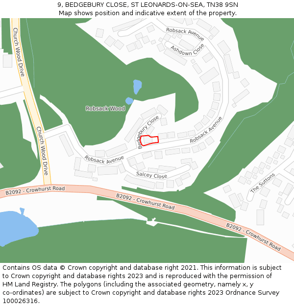 9, BEDGEBURY CLOSE, ST LEONARDS-ON-SEA, TN38 9SN: Location map and indicative extent of plot