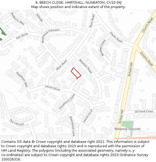 9, BEECH CLOSE, HARTSHILL, NUNEATON, CV10 0XJ: Location map and indicative extent of plot