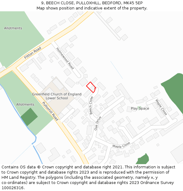 9, BEECH CLOSE, PULLOXHILL, BEDFORD, MK45 5EP: Location map and indicative extent of plot