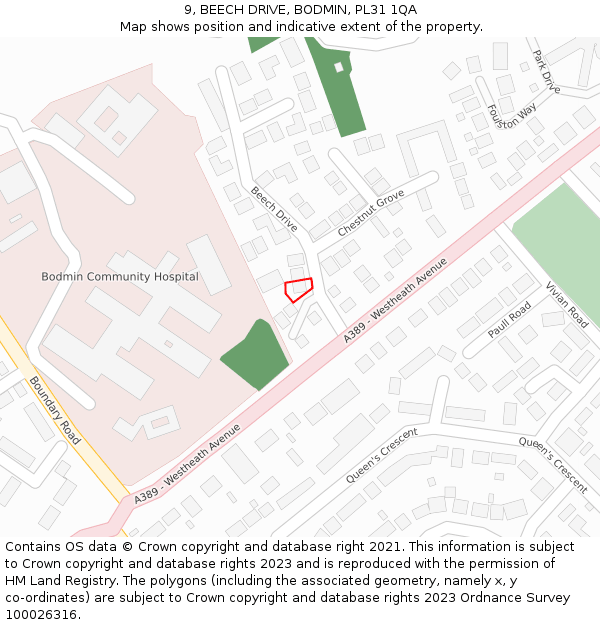 9, BEECH DRIVE, BODMIN, PL31 1QA: Location map and indicative extent of plot