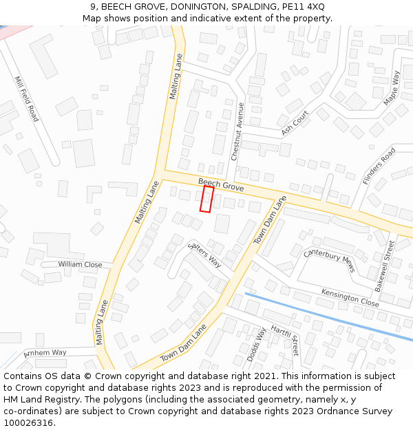 9, BEECH GROVE, DONINGTON, SPALDING, PE11 4XQ: Location map and indicative extent of plot