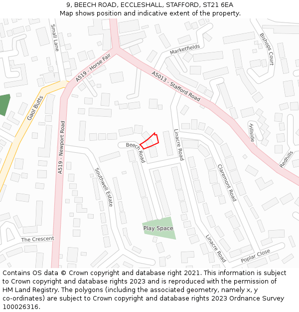 9, BEECH ROAD, ECCLESHALL, STAFFORD, ST21 6EA: Location map and indicative extent of plot