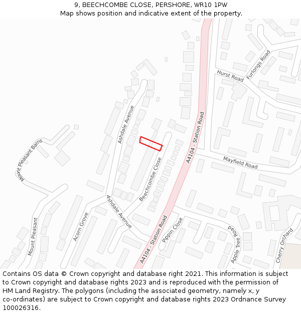 9, BEECHCOMBE CLOSE, PERSHORE, WR10 1PW: Location map and indicative extent of plot