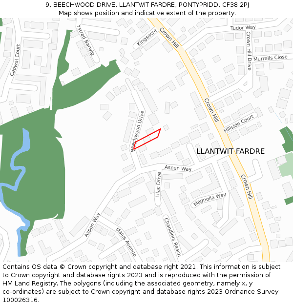 9, BEECHWOOD DRIVE, LLANTWIT FARDRE, PONTYPRIDD, CF38 2PJ: Location map and indicative extent of plot