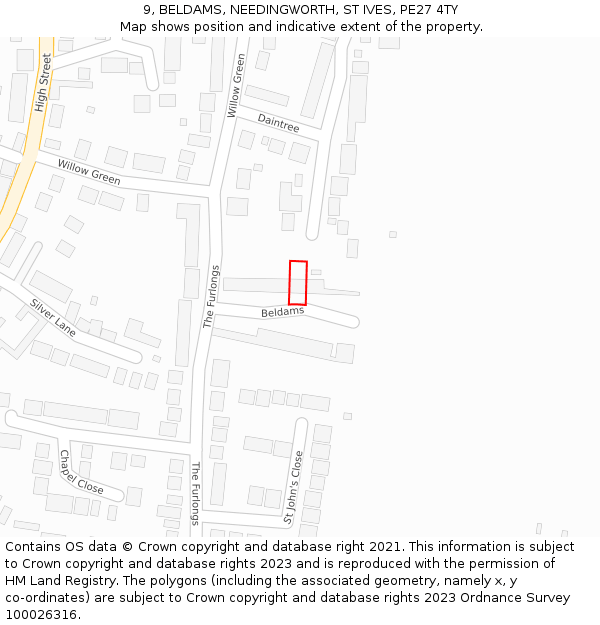 9, BELDAMS, NEEDINGWORTH, ST IVES, PE27 4TY: Location map and indicative extent of plot