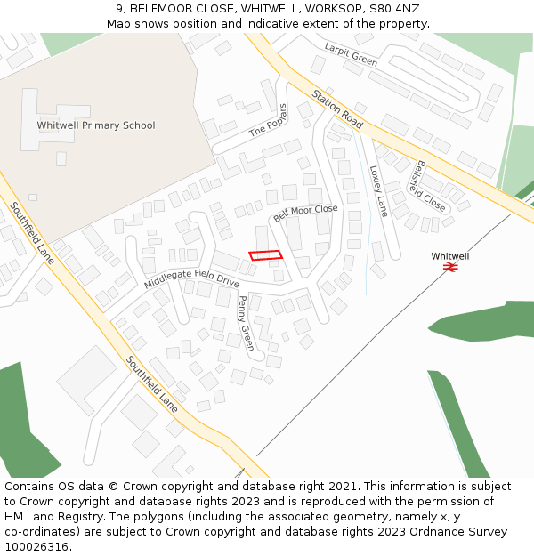 9, BELFMOOR CLOSE, WHITWELL, WORKSOP, S80 4NZ: Location map and indicative extent of plot