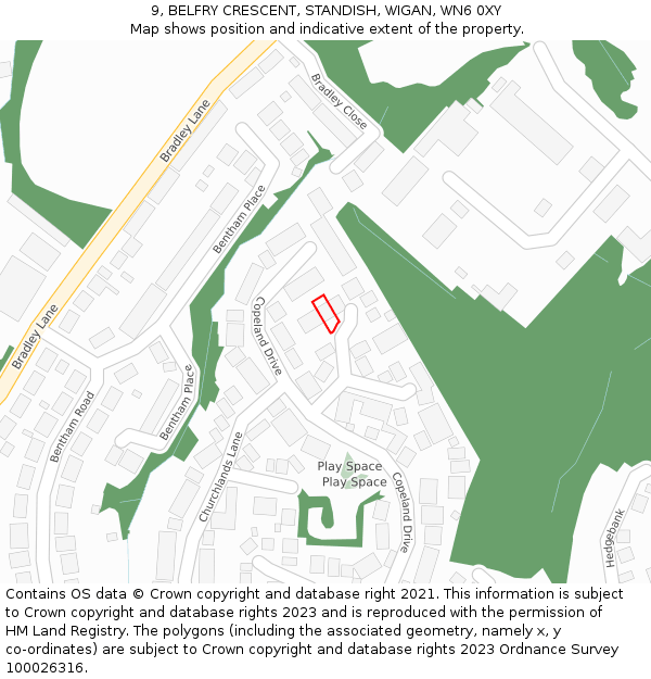 9, BELFRY CRESCENT, STANDISH, WIGAN, WN6 0XY: Location map and indicative extent of plot