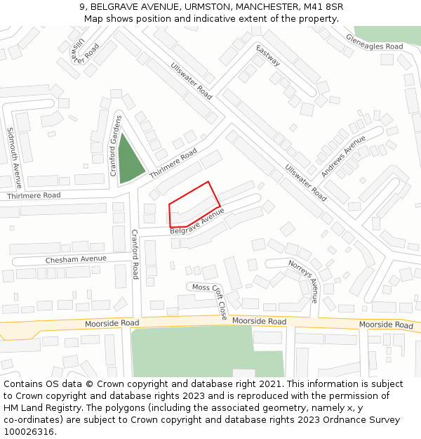 9, BELGRAVE AVENUE, URMSTON, MANCHESTER, M41 8SR: Location map and indicative extent of plot