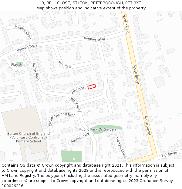 9, BELL CLOSE, STILTON, PETERBOROUGH, PE7 3XE: Location map and indicative extent of plot