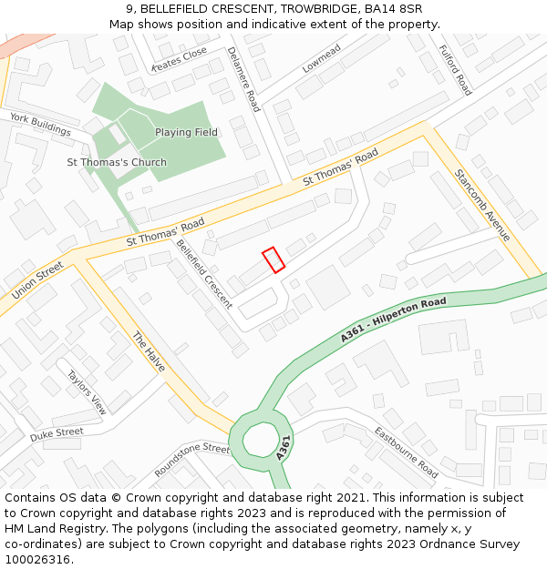 9, BELLEFIELD CRESCENT, TROWBRIDGE, BA14 8SR: Location map and indicative extent of plot