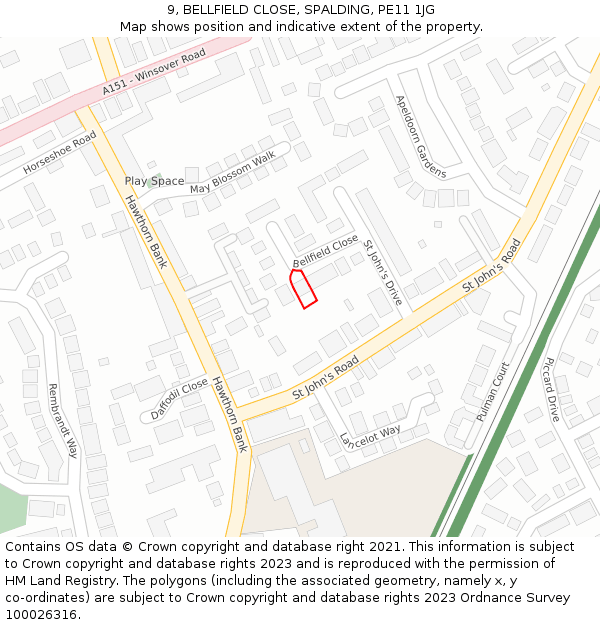 9, BELLFIELD CLOSE, SPALDING, PE11 1JG: Location map and indicative extent of plot
