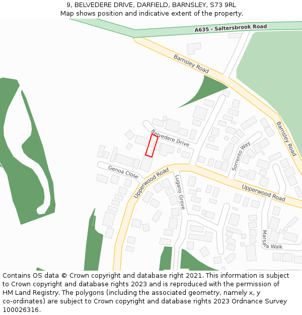 9, BELVEDERE DRIVE, DARFIELD, BARNSLEY, S73 9RL: Location map and indicative extent of plot