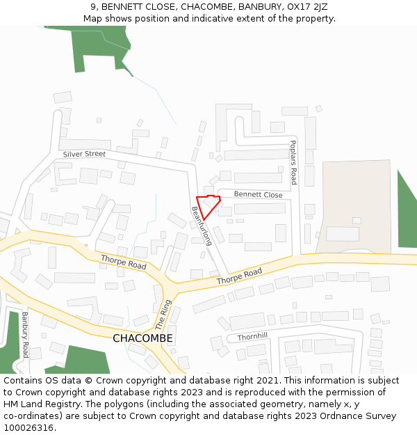 9, BENNETT CLOSE, CHACOMBE, BANBURY, OX17 2JZ: Location map and indicative extent of plot