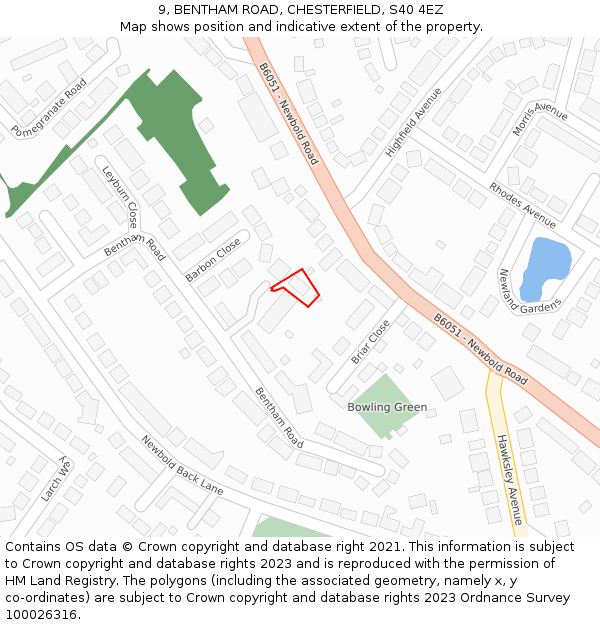9, BENTHAM ROAD, CHESTERFIELD, S40 4EZ: Location map and indicative extent of plot