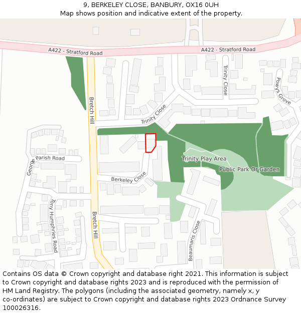 9, BERKELEY CLOSE, BANBURY, OX16 0UH: Location map and indicative extent of plot