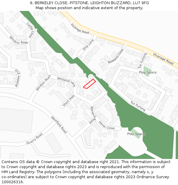 9, BERKELEY CLOSE, PITSTONE, LEIGHTON BUZZARD, LU7 9FG: Location map and indicative extent of plot