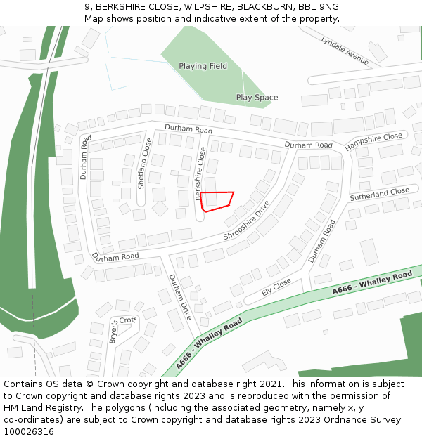 9, BERKSHIRE CLOSE, WILPSHIRE, BLACKBURN, BB1 9NG: Location map and indicative extent of plot