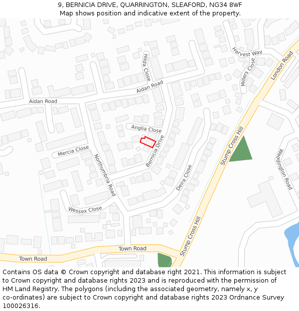 9, BERNICIA DRIVE, QUARRINGTON, SLEAFORD, NG34 8WF: Location map and indicative extent of plot