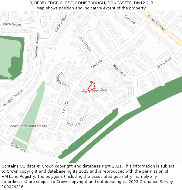 9, BERRY EDGE CLOSE, CONISBROUGH, DONCASTER, DN12 2LR: Location map and indicative extent of plot