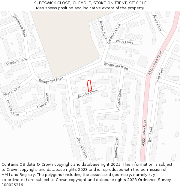 9, BESWICK CLOSE, CHEADLE, STOKE-ON-TRENT, ST10 1LE: Location map and indicative extent of plot