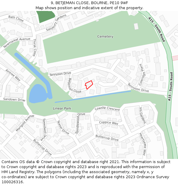 9, BETJEMAN CLOSE, BOURNE, PE10 9WF: Location map and indicative extent of plot