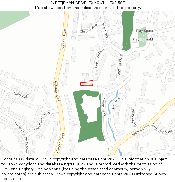 9, BETJEMAN DRIVE, EXMOUTH, EX8 5ST: Location map and indicative extent of plot