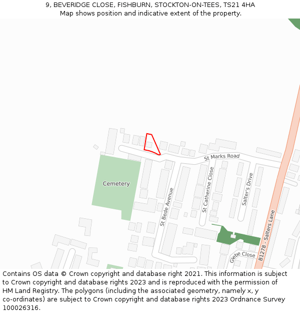 9, BEVERIDGE CLOSE, FISHBURN, STOCKTON-ON-TEES, TS21 4HA: Location map and indicative extent of plot