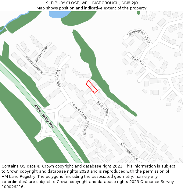 9, BIBURY CLOSE, WELLINGBOROUGH, NN8 2JQ: Location map and indicative extent of plot