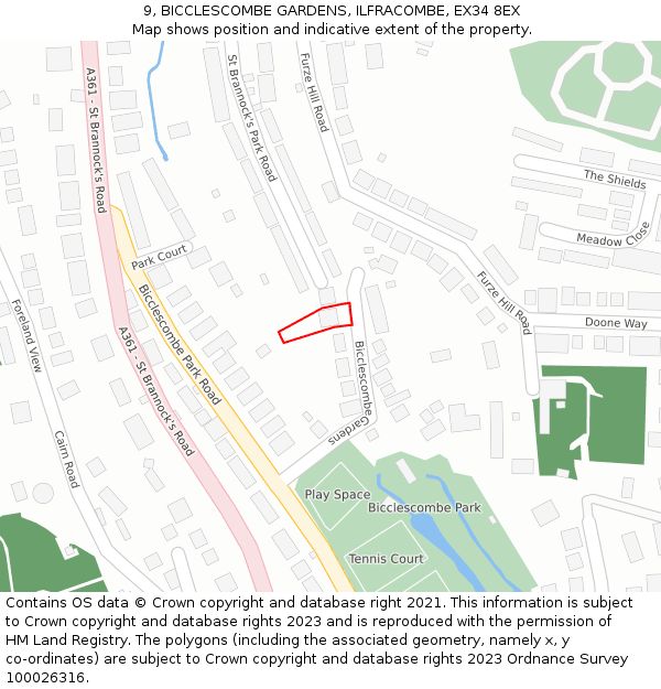 9, BICCLESCOMBE GARDENS, ILFRACOMBE, EX34 8EX: Location map and indicative extent of plot