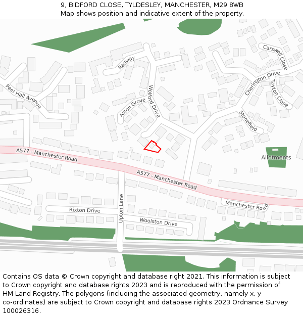 9, BIDFORD CLOSE, TYLDESLEY, MANCHESTER, M29 8WB: Location map and indicative extent of plot
