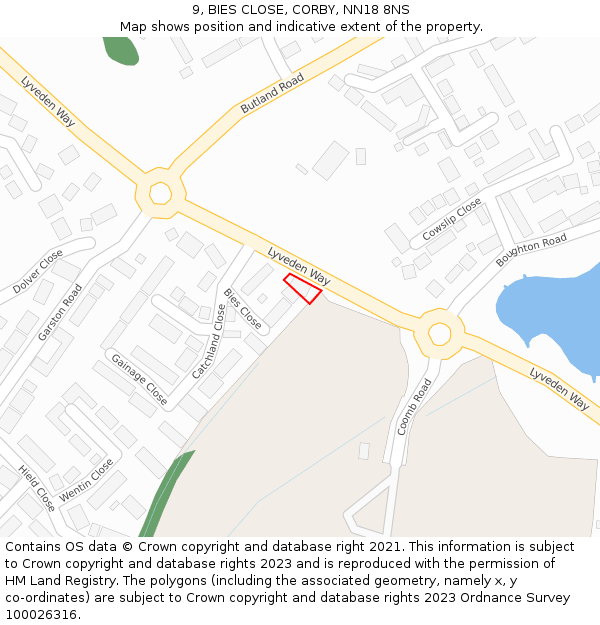 9, BIES CLOSE, CORBY, NN18 8NS: Location map and indicative extent of plot