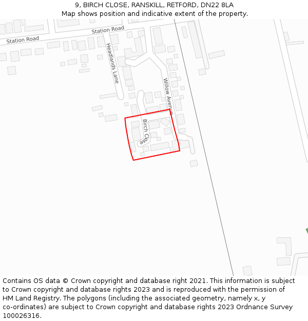 9, BIRCH CLOSE, RANSKILL, RETFORD, DN22 8LA: Location map and indicative extent of plot