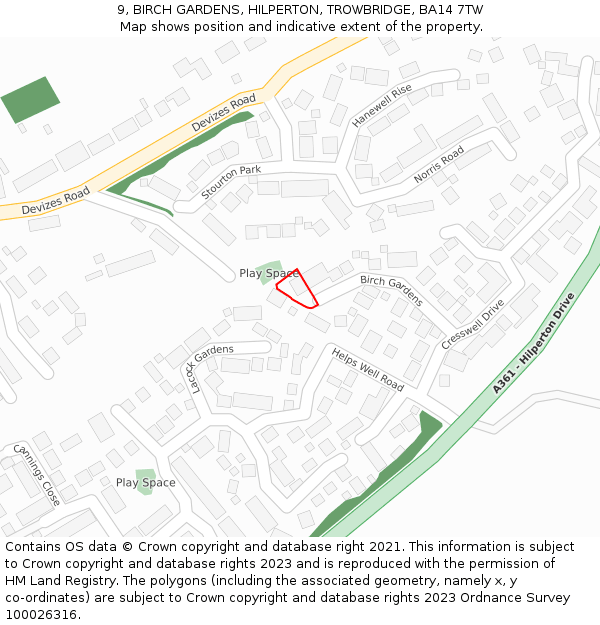 9, BIRCH GARDENS, HILPERTON, TROWBRIDGE, BA14 7TW: Location map and indicative extent of plot