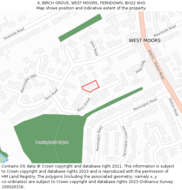 9, BIRCH GROVE, WEST MOORS, FERNDOWN, BH22 0HG: Location map and indicative extent of plot