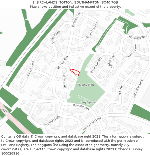 9, BIRCHLANDS, TOTTON, SOUTHAMPTON, SO40 7QB: Location map and indicative extent of plot