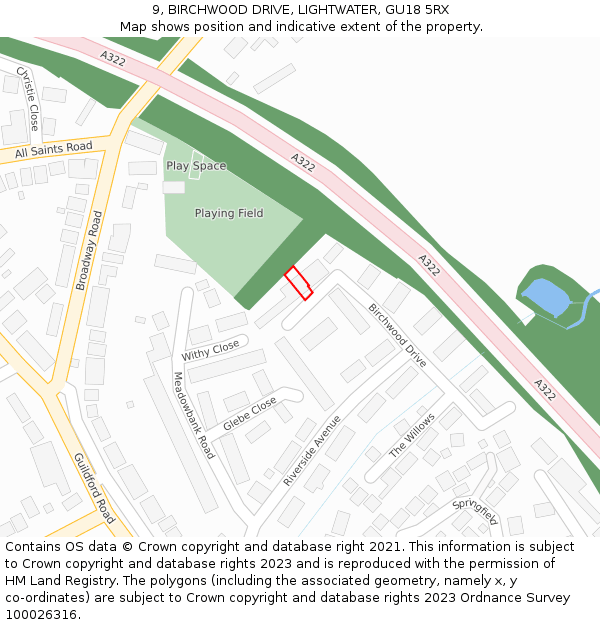 9, BIRCHWOOD DRIVE, LIGHTWATER, GU18 5RX: Location map and indicative extent of plot