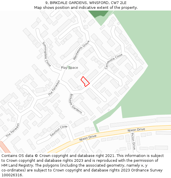 9, BIRKDALE GARDENS, WINSFORD, CW7 2LE: Location map and indicative extent of plot