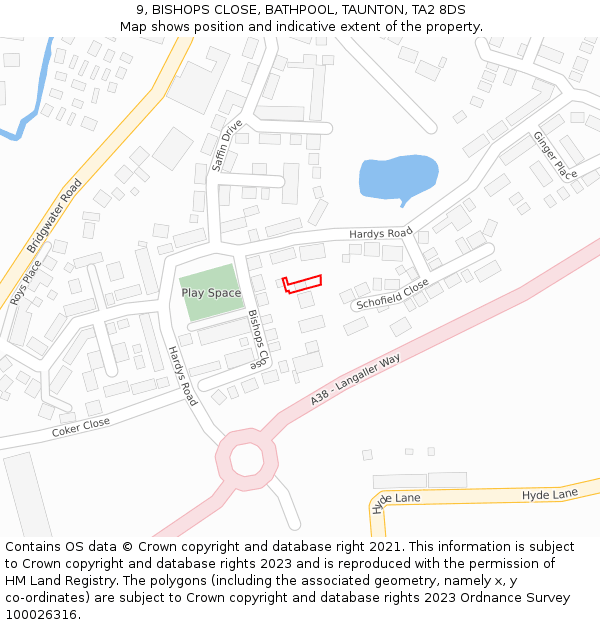 9, BISHOPS CLOSE, BATHPOOL, TAUNTON, TA2 8DS: Location map and indicative extent of plot