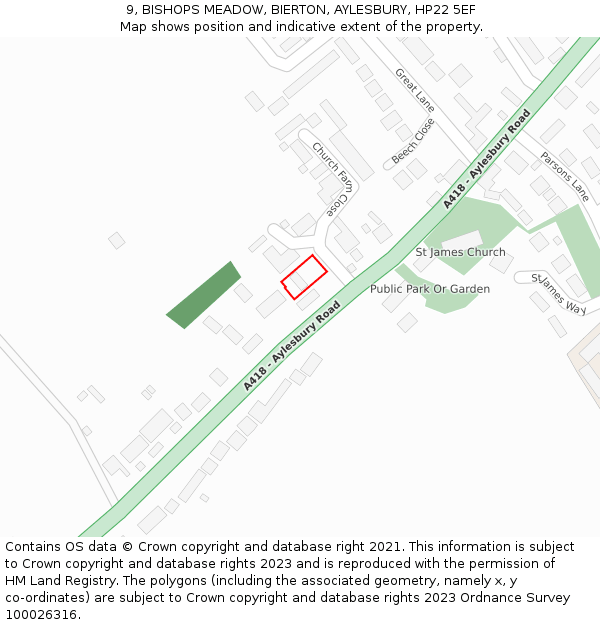 9, BISHOPS MEADOW, BIERTON, AYLESBURY, HP22 5EF: Location map and indicative extent of plot