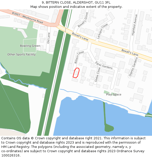 9, BITTERN CLOSE, ALDERSHOT, GU11 3FL: Location map and indicative extent of plot