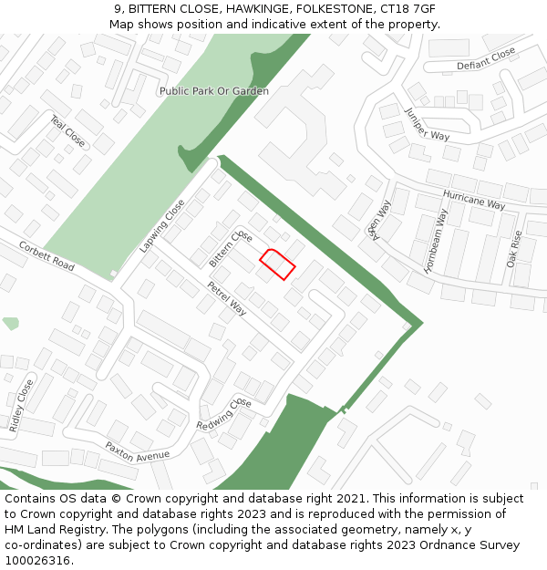 9, BITTERN CLOSE, HAWKINGE, FOLKESTONE, CT18 7GF: Location map and indicative extent of plot