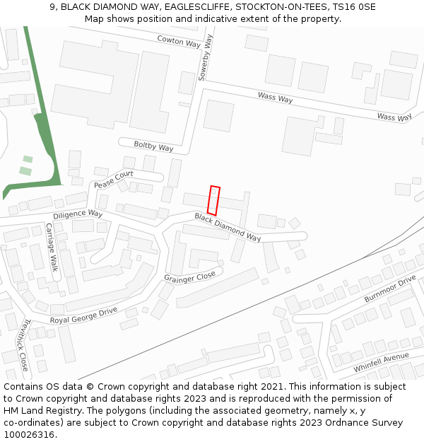 9, BLACK DIAMOND WAY, EAGLESCLIFFE, STOCKTON-ON-TEES, TS16 0SE: Location map and indicative extent of plot