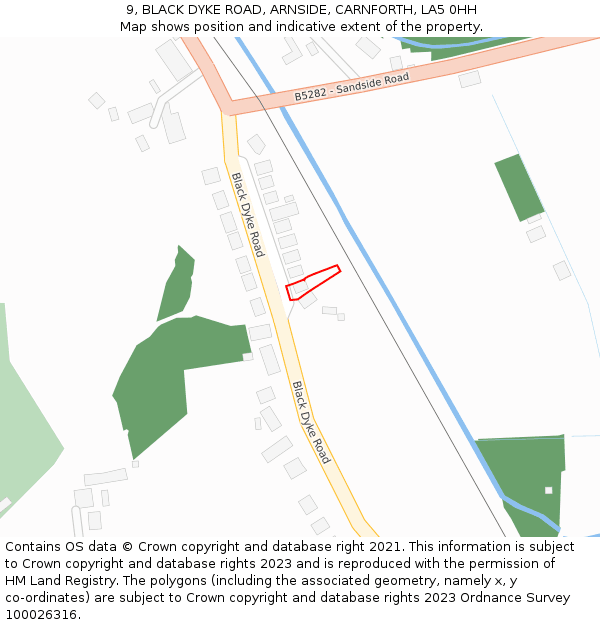 9, BLACK DYKE ROAD, ARNSIDE, CARNFORTH, LA5 0HH: Location map and indicative extent of plot