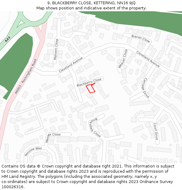 9, BLACKBERRY CLOSE, KETTERING, NN16 9JQ: Location map and indicative extent of plot