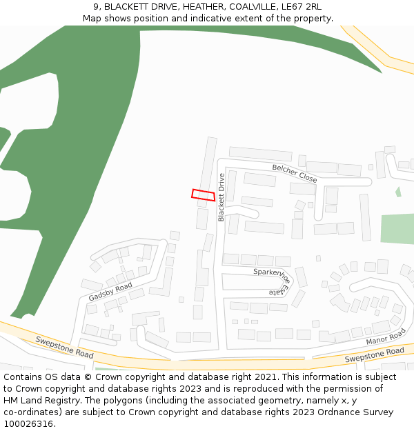 9, BLACKETT DRIVE, HEATHER, COALVILLE, LE67 2RL: Location map and indicative extent of plot