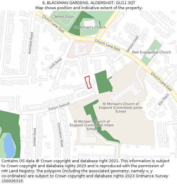 9, BLACKMAN GARDENS, ALDERSHOT, GU11 3QT: Location map and indicative extent of plot