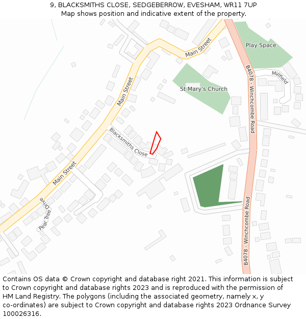 9, BLACKSMITHS CLOSE, SEDGEBERROW, EVESHAM, WR11 7UP: Location map and indicative extent of plot