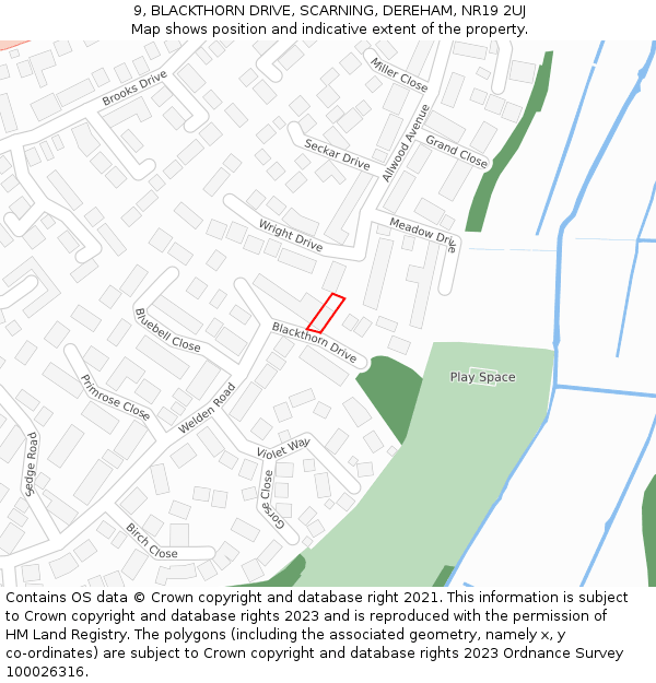 9, BLACKTHORN DRIVE, SCARNING, DEREHAM, NR19 2UJ: Location map and indicative extent of plot