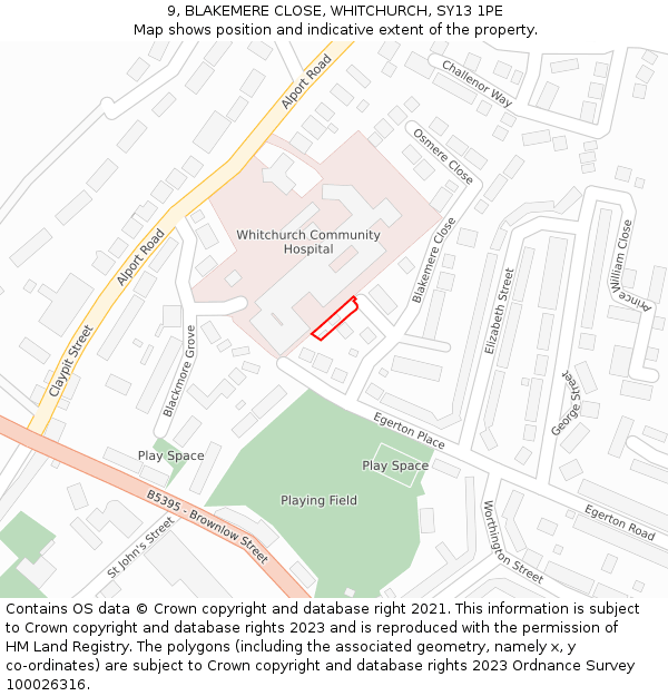9, BLAKEMERE CLOSE, WHITCHURCH, SY13 1PE: Location map and indicative extent of plot