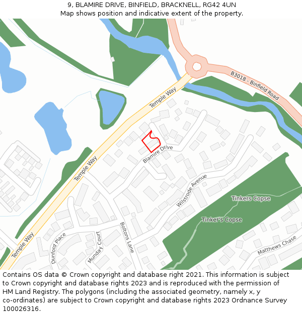 9, BLAMIRE DRIVE, BINFIELD, BRACKNELL, RG42 4UN: Location map and indicative extent of plot